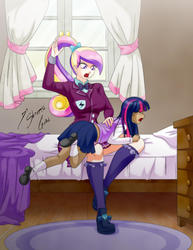 Size: 2153x2786 | Tagged: safe, artist:shinta-girl, dean cadance, princess cadance, sci-twi, twilight sparkle, human, equestria girls, g4, 2018, angry, anime style, bed, bed sheets, bedroom, bedside stand, bent over, blanket, bowtie, breasts, busty princess cadance, clenched fist, clothes, couple, crying, crystal prep, crystal prep academy, crystal prep academy students, crystal prep academy uniform, crystal prep shadowbolts, curtains, dark skin, disciplinary action, discipline, female, floor, furniture, high res, human coloration, humanized, kicking, light skin, lightly tanned skin, lightning, logo, lying down, lying on bed, name, open mouth, over the knee, pain, pillow, pleated skirt, ponytail, punishment, rug, sad, school uniform, screaming, shirt, shoes, signature, sitting, skirt, socks, spanking, text, thigh highs, vest, wall of tags, window, woman, younger