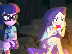 Size: 955x720 | Tagged: safe, screencap, rarity, sci-twi, twilight sparkle, equestria girls, g4, my little pony equestria girls: legend of everfree, bracelet, camp everfree outfits, campfire, clothes, cropped, freakout, glasses, jewelry, kneesocks, marshmelodrama, screaming, shorts, sitting, socks