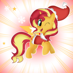 Size: 2078x2090 | Tagged: safe, artist:doraeartdreams-aspy, sunset shimmer, pony, unicorn, g4, abstract background, christmas, clothes, costume, cute, female, high res, holiday, one eye closed, santa costume, shimmerbetes, solo, wink