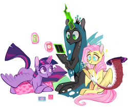 Size: 4032x3408 | Tagged: safe, artist:switchsugar, discord, fluttershy, queen chrysalis, twilight sparkle, alicorn, pony, g4, card game, glowing horn, high res, horn, levitation, magic, no pupils, simple background, sitting, spread wings, telekinesis, twilight sparkle (alicorn), white background, wings