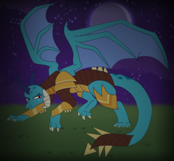 Size: 1580x1462 | Tagged: safe, artist:faitheverlasting, princess ember, dragon, g4, all fours, crescent moon, dragon armor, dragoness, female, moon, night, quadrupedal, solo, spread wings, wings
