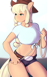 Size: 1488x2450 | Tagged: safe, artist:makku, applejack, earth pony, anthro, g4, belly button, belt, big breasts, breasts, busty applejack, clothes, cowboy hat, daisy dukes, female, front knot midriff, hat, lasso, midriff, rope, shirt, short shirt, shorts, solo, stetson, t-shirt