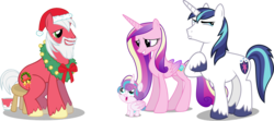 Size: 2451x1084 | Tagged: safe, artist:anarchemitis, artist:cyanlightning, artist:mewtwo-ex, artist:rustle-rose, artist:stillfire, edit, edited edit, editor:slayerbvc, vector edit, big macintosh, princess cadance, princess flurry heart, shining armor, alicorn, earth pony, pony, unicorn, g4, accessory-less edit, alternate cutie mark, alternate hair color, baby, baby pony, bare hooves, beard, christmas, clothes, concave belly, costume, cute, diaper, facial hair, female, filly, foal, grin, hat, holiday, looking away, looking down, looking up, male, mare, missing accessory, paint, royal family, santa claus, santa hat, santa hooves, sitting, slender, smiling, stallion, stool, thin, vector, wreath