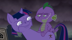 Size: 1366x768 | Tagged: safe, artist:hotdiggedydemon, spike, twilight sparkle, .mov, magic.mov, g4, disgusted, graveyard, grin, smiling