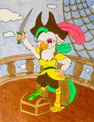 Size: 2784x3625 | Tagged: safe, artist:jamestkelley, captain celaeno, parrot pirates, g4, my little pony: the movie, amputee, clothes, ear piercing, earring, feather, female, hat, high res, jewelry, one eye closed, piercing, pirate, pirate ship, prosthetic limb, prosthetics, rigging, solo, sword, treasure chest, weapon, wink