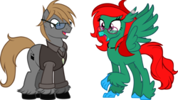 Size: 2000x1125 | Tagged: safe, artist:theeditormlp, oc, oc only, oc:crimson shadow, oc:the editor, classical hippogriff, hippogriff, pony, unicorn, clothes, female, male, show accurate, simple background, stallion, transparent background, vector, vest