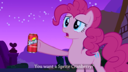 Size: 1280x720 | Tagged: safe, edit, edited screencap, screencap, pinkie pie, earth pony, pony, g4, meme, sprite, sprite cranberry, text