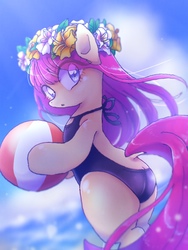 Size: 768x1024 | Tagged: safe, artist:xp_r6, oc, oc only, earth pony, pony, ball, beach, bipedal, butt, buttcrack, clothes, cloud, female, floral head wreath, flower, flower in hair, mare, one-piece swimsuit, open-back swimsuit, plot, plotcrack, solo, swimsuit, water