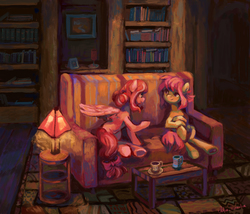 Size: 2570x2200 | Tagged: safe, artist:malinetourmaline, oc, pony, book, bookshelf, couch, cup, duo, female, high res, lamp, mug, sisters, table