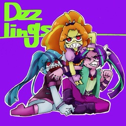 Size: 758x756 | Tagged: safe, artist:xp_r6, adagio dazzle, aria blaze, sonata dusk, equestria girls, g4, rainbow rocks, angry, boots, clothes, looking at you, miniskirt, one eye closed, open mouth, pants, pigtails, ponytail, red eyes, sharp teeth, shirt, shoes, skirt, teeth, the dazzlings, trio, twintails