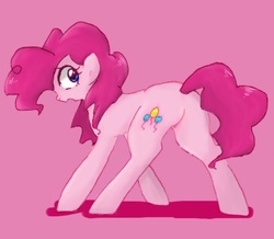 Size: 640x559 | Tagged: safe, artist:xp_r6, pinkie pie, earth pony, pony, g4, cute, diapinkes, featureless crotch, female, looking back, mare, pink background, pixiv, simple background, solo