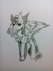 Size: 1224x1632 | Tagged: source needed, safe, artist:okity, oc, oc only, pegasus, pony, female, grayscale, jewelry, mare, monochrome, smiling, solo, traditional art, wristband