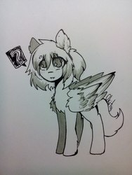 Size: 1224x1632 | Tagged: source needed, safe, artist:okity, oc, oc only, pegasus, pony, female, grayscale, mare, monochrome, question mark, solo, traditional art