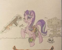 Size: 1055x865 | Tagged: safe, artist:r0bbyg, starlight glimmer, pony, unicorn, fallout equestria, g4, female, gun, pipboy, rifle, saddle bag, solo, traditional art, weapon