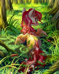Size: 1102x1378 | Tagged: safe, artist:holivi, oc, oc only, pegasus, pony, g4, cattails, female, flower, flower in hair, forest, freckles, jungle, looking at you, looking back, looking back at you, mare, partially submerged, pond, rear view, reeds, signature, smiling, solo, spread wings, swamp, tree, water, wings