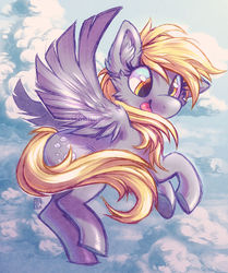 Size: 800x956 | Tagged: safe, artist:ferwildir, derpy hooves, pegasus, pony, g4, :p, cheek fluff, cloud, cute, derpabetes, ear fluff, female, flying, lightly watermarked, looking at you, mare, silly, sky, solo, spread wings, tongue out, underhoof, watermark, wings