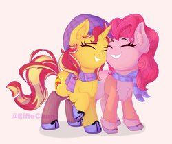 Size: 2500x2100 | Tagged: safe, artist:katakiuchi4u, pinkie pie, sunset shimmer, earth pony, pony, unicorn, g4, clothes, cute, diapinkes, female, high res, lesbian, mare, nuzzling, sandals, scarf, shimmerbetes, ship:sunsetpie, shipping, simple background, white background, wip