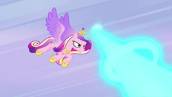 Size: 1280x720 | Tagged: safe, screencap, princess cadance, pony, g4, my little pony best gift ever, badass, blast, female, flying, glowing, glowing horn, horn, magic, magic blast, mare, solo