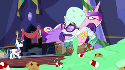 Size: 1280x720 | Tagged: safe, screencap, princess cadance, princess flurry heart, rarity, shining armor, g4, my little pony best gift ever, box, candy, candy cane, food, present, pudding, puddinghead's pudding, twilight's castle