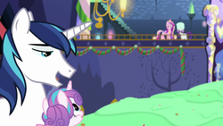 Size: 1280x720 | Tagged: safe, screencap, princess cadance, princess flurry heart, rarity, shining armor, g4, my little pony best gift ever, food, pudding, puddinghead's pudding, twilight's castle