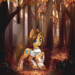 Size: 3617x3617 | Tagged: safe, artist:mirroredsea, oc, oc only, pony, crepuscular rays, forest, high res, leaves, solo, tree
