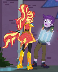 Size: 479x597 | Tagged: safe, screencap, sugilite slight, sunset shimmer, equestria girls, g4, my little pony equestria girls: better together, super squad goals, clothes, cropped, crystal games, female, male, pants, ponied up, shoes, sneakers, tied up