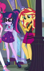 Size: 451x733 | Tagged: safe, screencap, sci-twi, sunset shimmer, twilight sparkle, equestria girls, equestria girls series, g4, super squad goals, boots, clothes, female, geode of telekinesis, glasses, jacket, legs, magical geodes, ponytail, shoes, skirt, socks