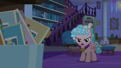 Size: 1280x720 | Tagged: safe, screencap, cozy glow, pegasus, pony, g4, school raze, angry, book, cozy glow is not amused, female, filly, foal, medallion, pictures, shelves, trash can, upset