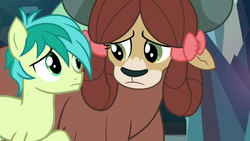 Size: 1280x720 | Tagged: safe, screencap, sandbar, yona, earth pony, pony, yak, g4, school raze, female, looking at each other, male, sad, story in the comments, teenager