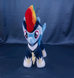 Size: 758x800 | Tagged: safe, artist:adamar44, rainbow dash, zapp, pony, g4, animated, clothes, costume, gif, irl, perfect loop, photo, plushie, power ponies, rotating, solo, spinning, stop motion
