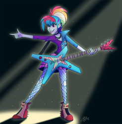 Size: 1000x1015 | Tagged: safe, artist:probablyfakeblonde, rainbow dash, equestria girls, friendship through the ages, g4, my little pony equestria girls: rainbow rocks, boots, clothes, female, fishnet stockings, guitar, pantyhose, pointing, ponytail, rainbow punk, shoes, signature, skirt, smiling, solo