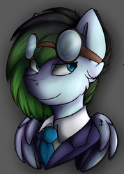 Size: 715x1005 | Tagged: safe, artist:deraniel, oc, oc only, oc:gryph xander, pegasus, pony, bust, clothes, goggles, gradient mane, male, necktie, solo, stallion, wings