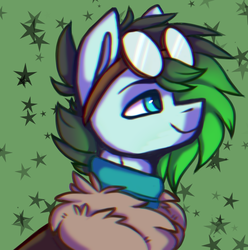 Size: 863x870 | Tagged: safe, artist:ashtrol, oc, oc only, oc:gryph xander, pony, bust, chromatic aberration, clothes, fluffy, goggles, gradient mane, jacket, male, scarf, solo, stallion