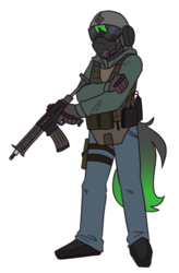 Size: 669x1017 | Tagged: safe, artist:redxbacon, oc, oc only, oc:gryph xander, anthro, armor, clothes, cosplay, costume, gradient mane, gradient tail, gun, helmet, holster, jeans, male, pants, rainbow six siege, rifle, shoes, solo, stallion, weapon