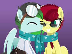 Size: 1031x775 | Tagged: safe, artist:jhayarr23, oc, oc:aces high, oc:gryph xander, earth pony, pegasus, pony, clothes, female, goggles, kissing, male, mare, necktie, pants, scarf, shared clothing, shared scarf, shirt, smiling, stallion, sunglasses