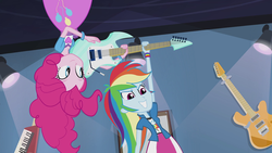 Size: 1280x720 | Tagged: safe, screencap, pinkie pie, rainbow dash, equestria girls, g4, guitar centered, my little pony equestria girls: rainbow rocks, >:d, female, guitar, in which pinkie pie forgets how to gravity, pinkie being pinkie, pinkie physics, upside down
