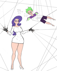 Size: 4180x5190 | Tagged: safe, artist:franschesco, rarity, spike, dragon, human, g4, absurd resolution, big breasts, bondage, breasts, busty rarity, clothes, female, high heels, horn, horned humanization, humanized, monofilament wire, shoes, simple background, strings, suspended, tied up, white background, winged humanization, winged spike, wings