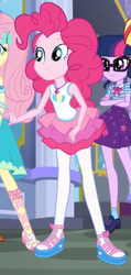 Size: 247x517 | Tagged: safe, screencap, fluttershy, pinkie pie, sci-twi, twilight sparkle, equestria girls, equestria girls series, g4, clothes, cropped, female, geode of sugar bombs, geode of telekinesis, legs, magical geodes, pantyhose, shoes, smiling