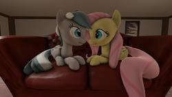 Size: 1280x720 | Tagged: safe, artist:deltsdash, fluttershy, oc, oc:summer memory, pegasus, pony, g4, 3d, canon x oc, couch, female, folded wings, looking at each other, male, mare, source filmmaker, stallion, straight, wings