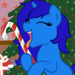 Size: 2100x2100 | Tagged: safe, artist:lannielona, oc, oc only, oc:delly, pony, unicorn, bauble, candy, candy cane, christmas, christmas decoration, christmas tree, eyes closed, female, food, happy, high res, holiday, indoors, licking, lights, mare, present, show accurate, solo, stars, tongue out, tree, wall, ych result