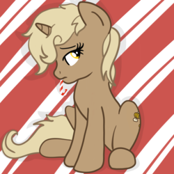 Size: 2100x2100 | Tagged: safe, artist:lannielona, oc, oc only, oc:honey bee, pony, unicorn, abstract background, candy, candy cane, christmas, female, food, high res, holiday, looking back, mare, sitting, solo, wrapping paper, ych result