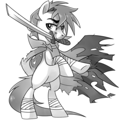 Size: 1024x1024 | Tagged: safe, artist:pepooni, oc, oc only, pony, buck legacy, bandage, bipedal, black and white, card art, cloak, clothes, grayscale, katana, looking at you, male, monochrome, raised eyebrow, rearing, simple background, solo, sword, tattered, transparent background, weapon