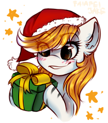 Size: 2307x2617 | Tagged: safe, artist:falafeljake, oc, oc only, oc:silver hush, pony, blushing, christmas, cute, female, hat, high res, holiday, mare, ocbetes, present, santa hat, simple background, smiling, solo, white background