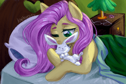 Size: 3000x2000 | Tagged: safe, artist:kaikururu, angel bunny, fluttershy, pegasus, pony, g4, bed, blanket, cuddling, duo, female, high res, indoors, mare, one eye closed, pillow