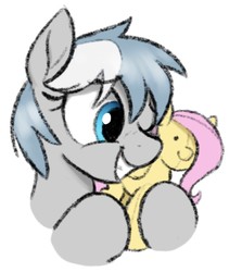 Size: 915x1024 | Tagged: safe, artist:selenophile, fluttershy, oc, oc:summer memory, pony, g4, one eye closed, plushie, simple background, smiling, white background