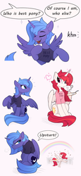 Size: 1250x2715 | Tagged: safe, artist:yakovlev-vad, princess celestia, princess luna, alicorn, pony, g4, alternate hair color, best pony, clothes, comic, cross-popping veins, cute, cutelestia, dialogue, female, height difference, lunabetes, mare, offscreen character, rainbow, royal sisters, s1 luna, shirt, sibling rivalry, sisters, slender, speech bubble, thin, younger