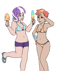 Size: 2500x3000 | Tagged: safe, artist:rainbowsprinklesart, twilight velvet, windy whistles, human, g4, beach ball, belly button, bikini, breasts, cleavage, clothes, female, food, high res, humanized, milf, popsicle, smiling, swimsuit