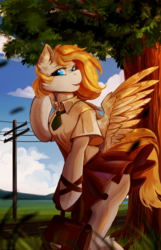 Size: 3100x4800 | Tagged: safe, artist:hakkids2, oc, oc only, pegasus, anthro, semi-anthro, arm hooves, beautiful, clothes, commission, female, high res, open mouth, pleated skirt, power line, road, schoolgirl, skirt, skirt lift, solo, tree, ych result
