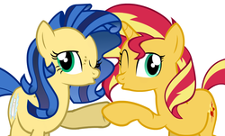 Size: 1315x793 | Tagged: safe, artist:flash equestria photography, sunset shimmer, oc, oc:milky way, pony, unicorn, g4, canon x oc, duo, female, holding hooves, implied crotchboobs, kissy face, lesbian, looking at you, milkyshimmer, shipping