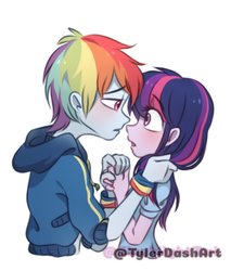 Size: 833x977 | Tagged: safe, artist:dcon, artist:tylerdashart, rainbow dash, twilight sparkle, equestria girls, g4, my little pony equestria girls: better together, alternate hairstyle, blushing, collaboration, female, lesbian, reverse trap, ship:twidash, shipping, short hair, short hair rainbow dash